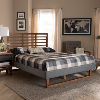 Baxton Studio Rina-Dark Grey/Ash Walnut-Queen Rina Modern and Contemporary Dark Grey Fabric Upholstered and Ash Walnut Brown Finished Wood Queen Size Platform Bed
